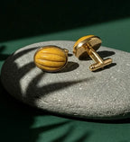 Yellow aventurine cufflinks from VARNIKA ARORA jewelry collection, featuring polished yellow stones and silver-tone settings.