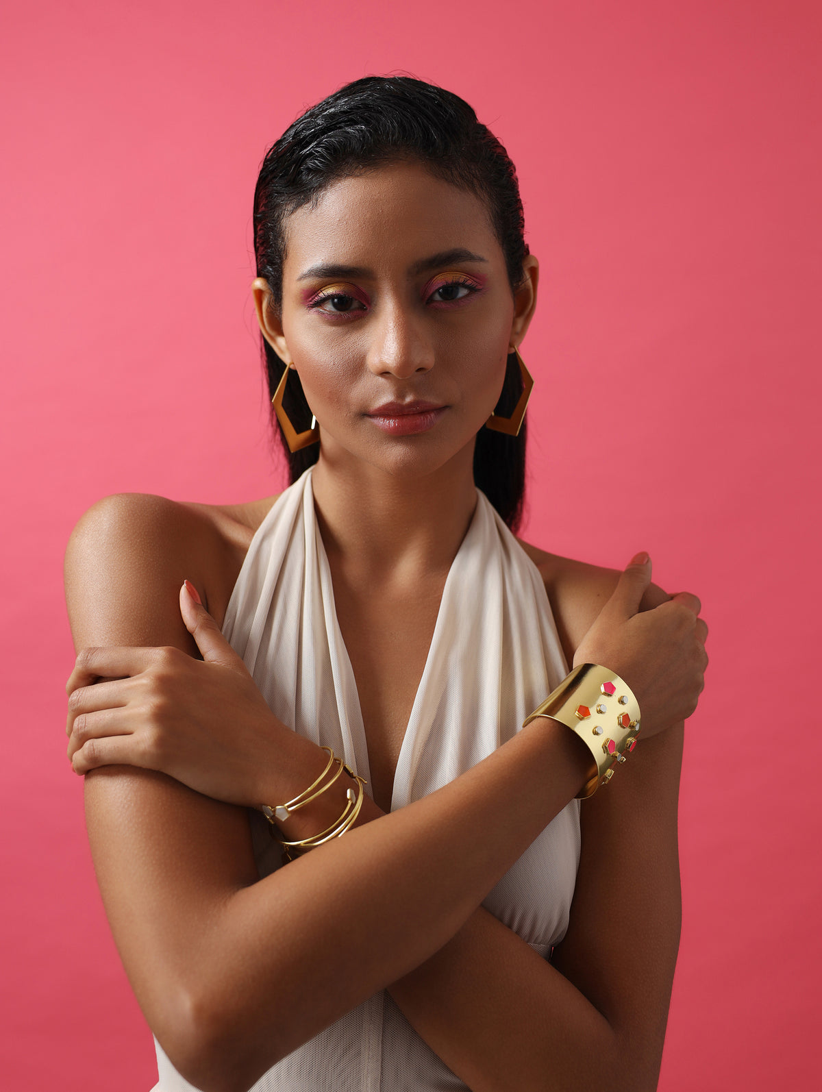 Varnika Arora La Fiore Glory Bangle jewelry with intricate gold design and floral accents on a white background. Main image