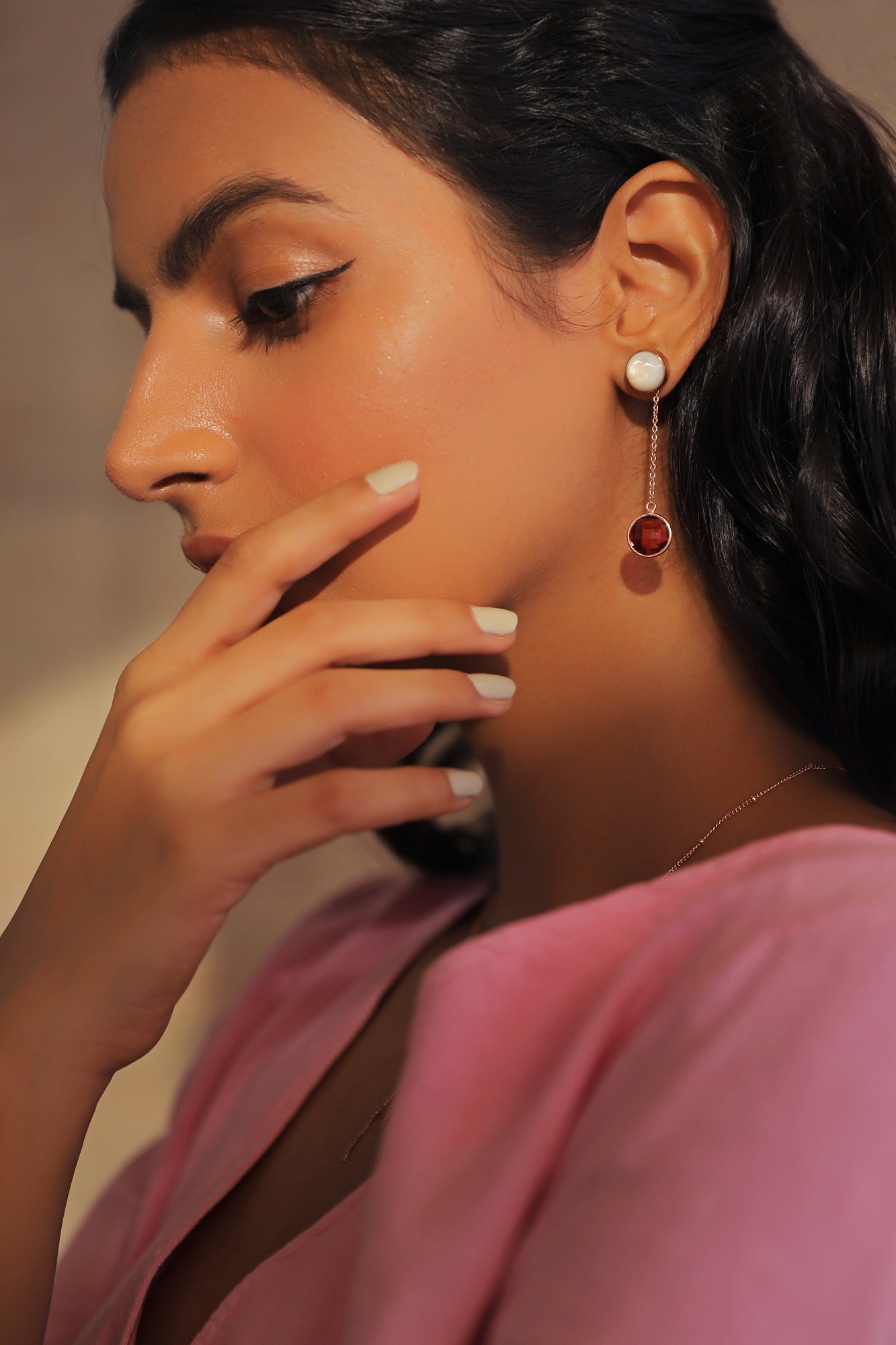 Sway - 22K Rose Gold Plated White Mother of Pearl Pink Semi Precious Stone Dangler Earrings Secondary image