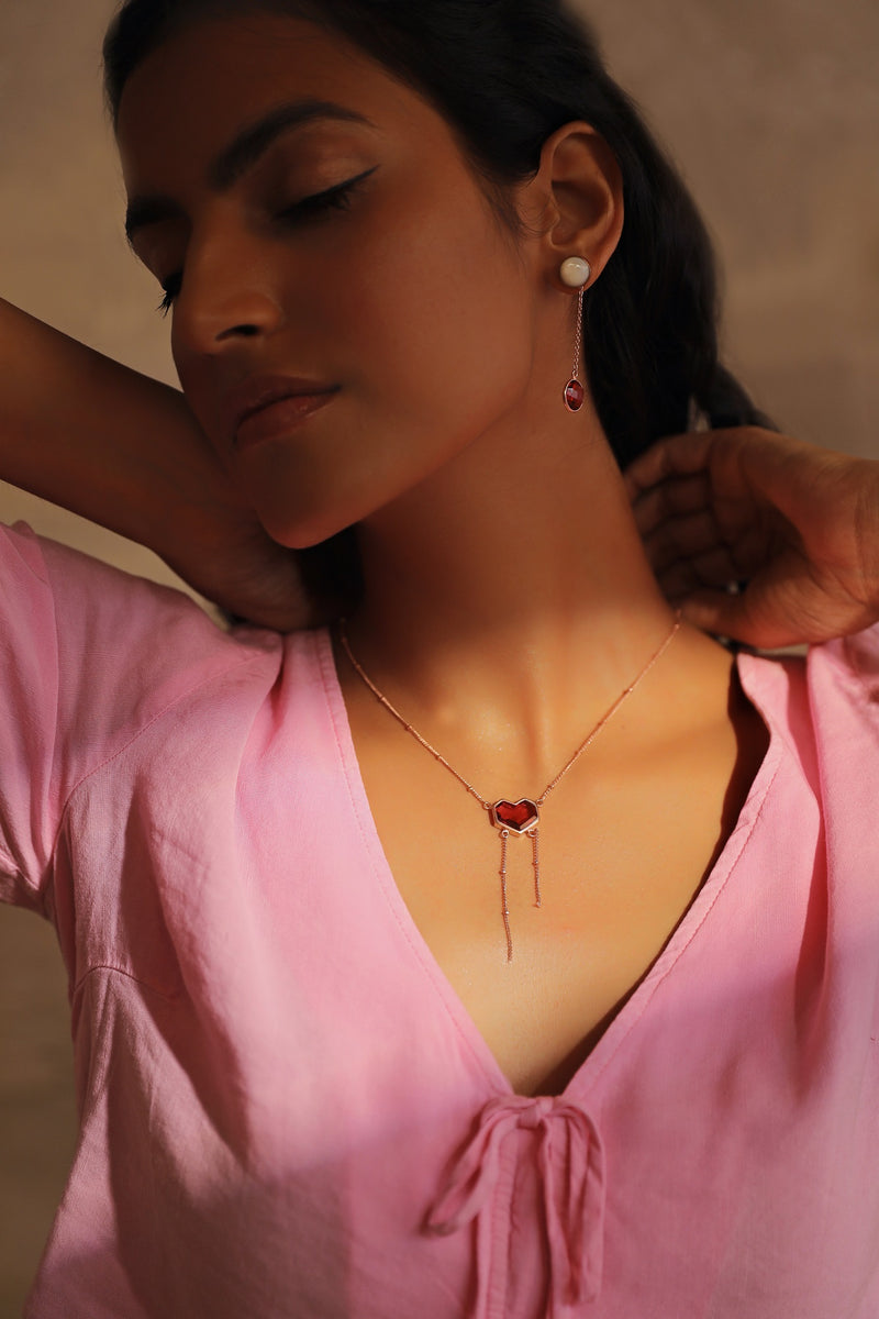 Lone - 22K Rose Gold Plated Pink Semi Precious Gemstone Heart Neckpiece