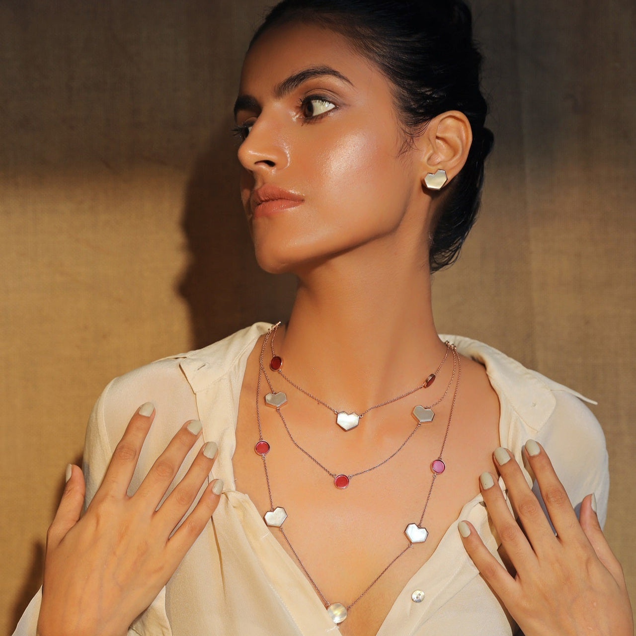 Laminar - 22K Rose Gold Plated White Mother of Pearl and Pink Semi Precious Stone Circle and Heart Neckpiece