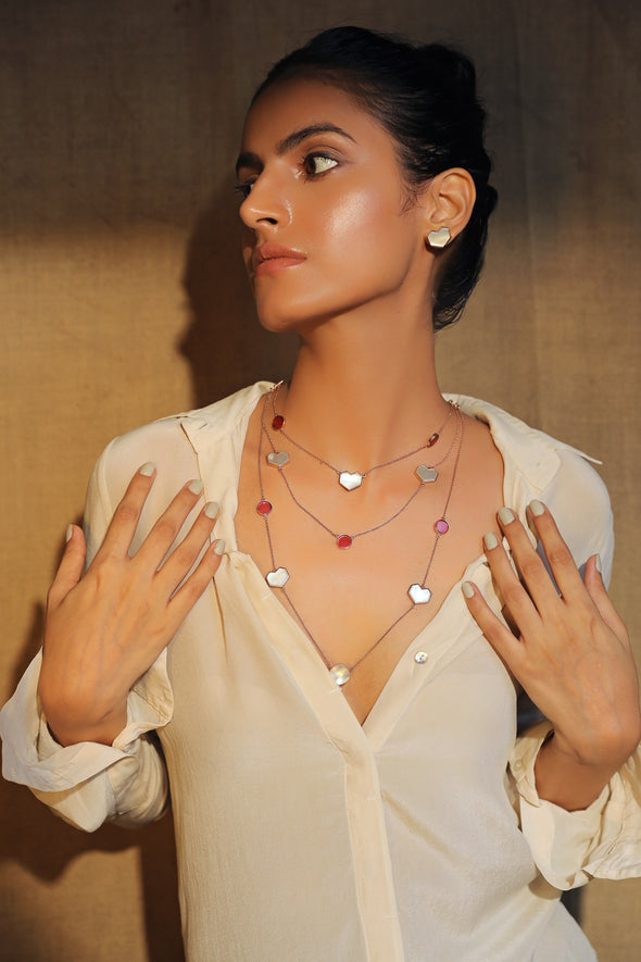 Laminar - 22K Rose Gold Plated White Mother of Pearl and Pink Semi Precious Stone Circle and Heart Neckpiece