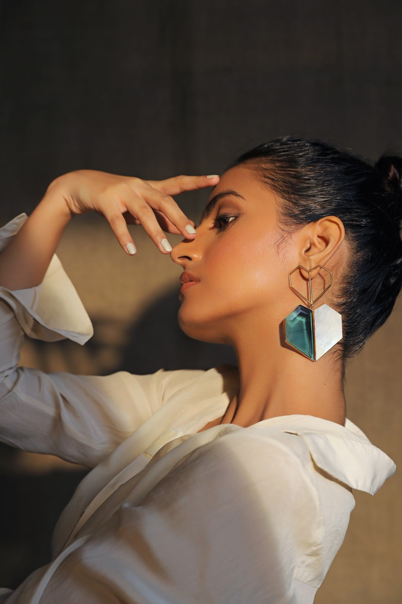 Shraddha Kapoor in Chrome - 22K Gold Plated Blue Semi Precious Stone White Mother of Pearl Heart Dangler Earrings Secondary image