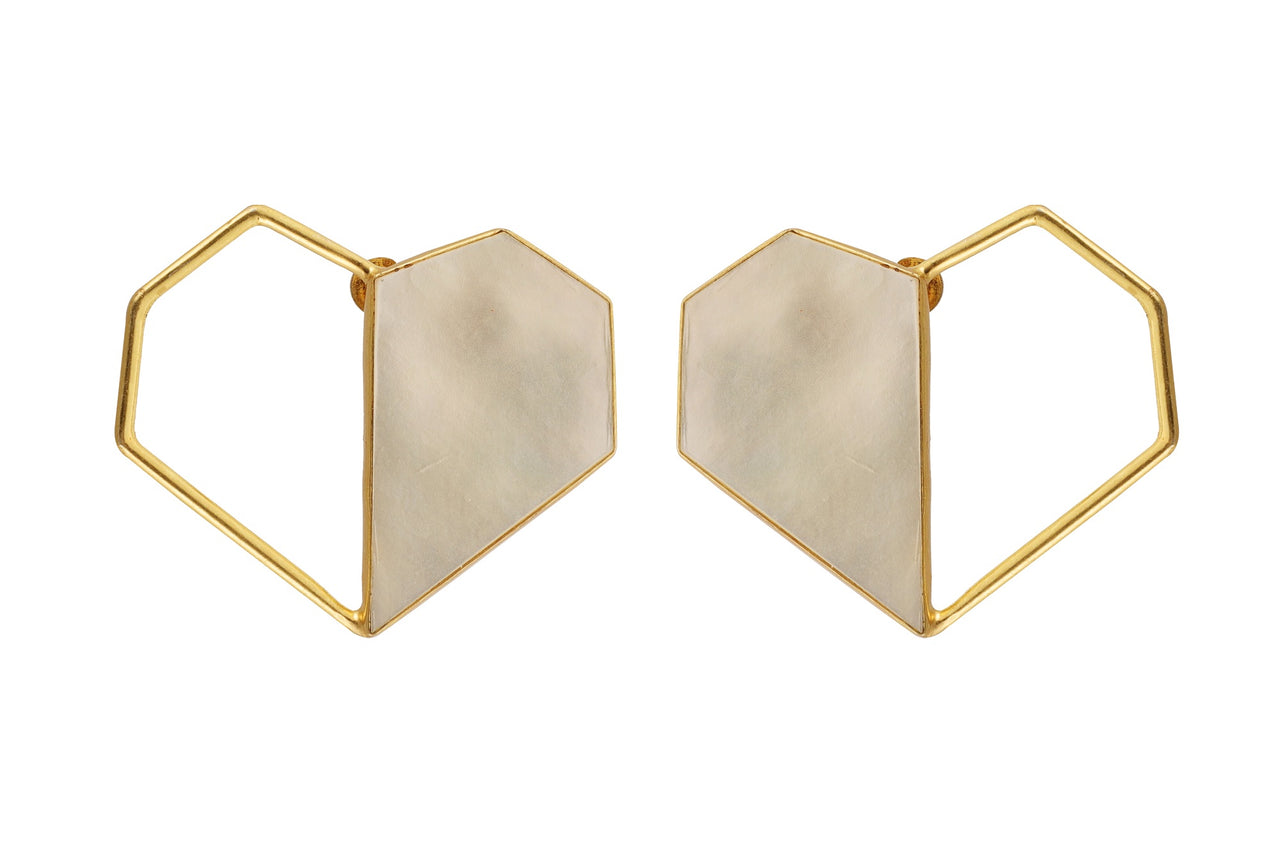 Twin - 22K Gold Plated Mother of Pearl Studs Heart Earrings