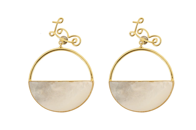 Cristen - 22K Gold Plated White Mother of Pearl Love Round Earrings