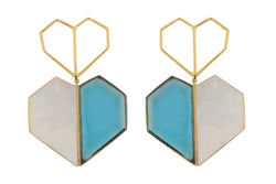 Chrome - 22K Gold Plated Blue Semi Precious Stone White Mother of Pearl Heart Dangler Earrings