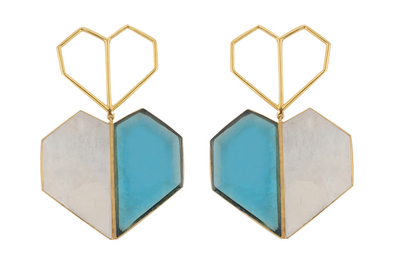Chrome - 22K Gold Plated Blue Semi Precious Stone White Mother of Pearl Heart Dangler Earrings