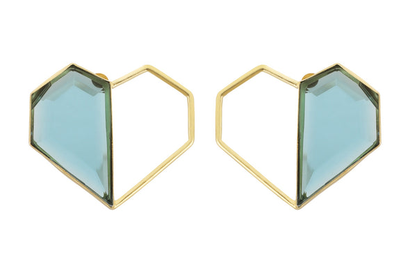 Twin - 22K Gold Plated Blue Semi Precious Stone Studs Heart Earrings