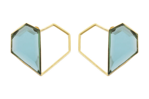 Twin - 22K Gold Plated Blue Semi Precious Stone Studs Heart Earrings