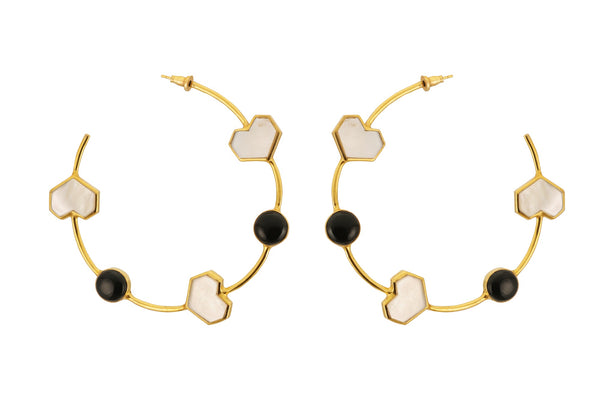 Array - 22K Gold Plated White Mother of Pearl And Black Onyx Heart Hoops Earrings