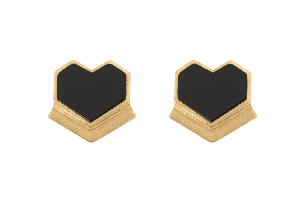 Hearty - 22K Gold Plated Black Onyx Semi-Precious Stone Studs Heart Earrings