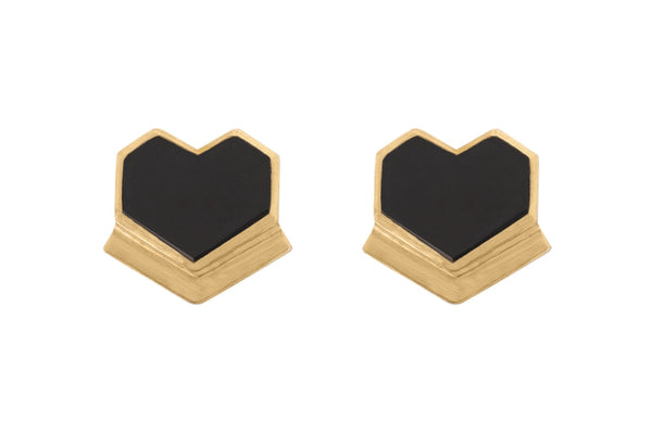 Hearty - 22K Gold Plated Black Onyx Semi-Precious Stone Studs Heart Earrings