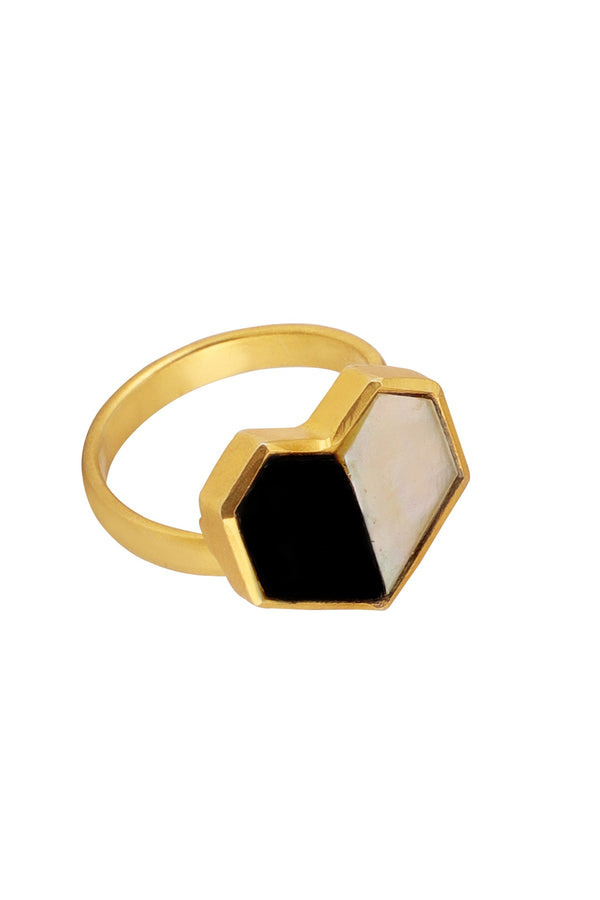 Polar - 22K Gold Plated White Mother of Pearl Black Onyx Ring