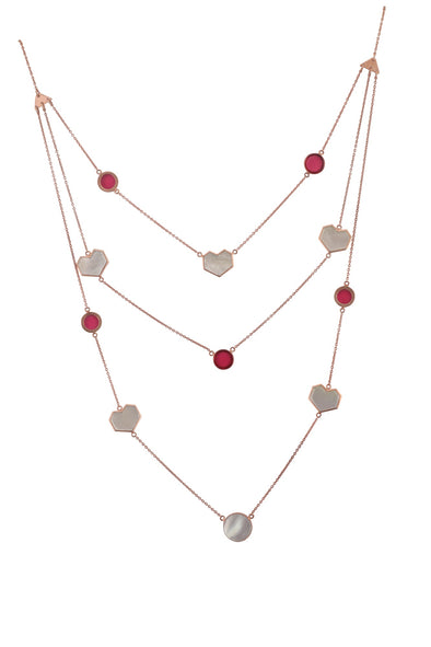 Laminar - 22K Rose Gold Plated White Mother of Pearl and Pink Semi Precious Stone Circle and Heart Neckpiece