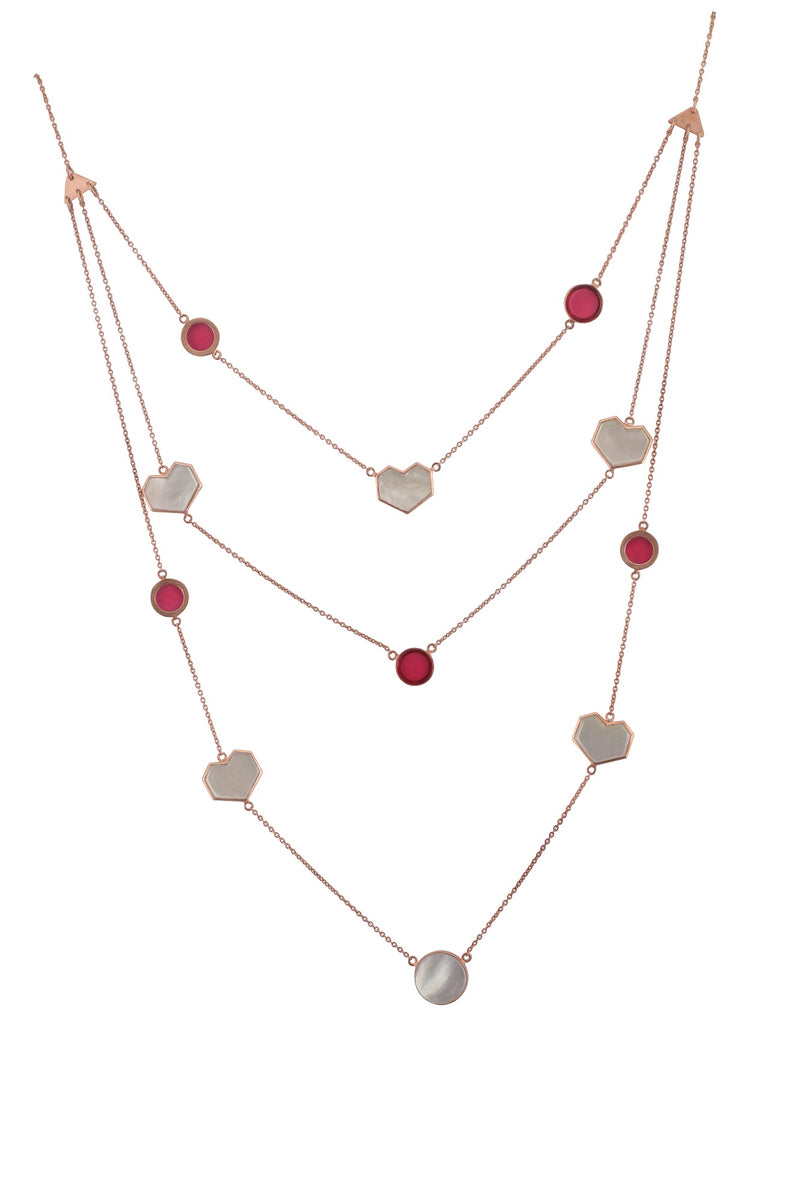 Laminar - 22K Rose Gold Plated White Mother of Pearl and Pink Semi Precious Stone Circle and Heart Neckpiece