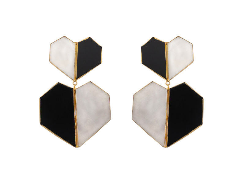 Chrome - 22K Gold Plated Black Onyx White Mother of Pearl Heart Dangler Earrings